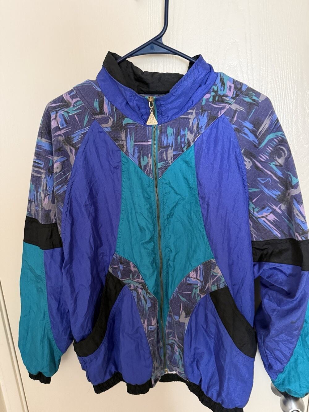 Vintage 80s Euro Joy Paris Turquoise Blue Black Windbreaker Jacket Sz M